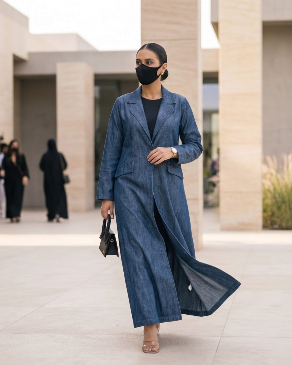 Tailored Denim Coat Abaya with Blazer Collar
