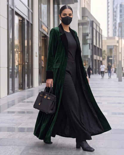 Trending Velvet Coat Abaya with Contrast Lapels