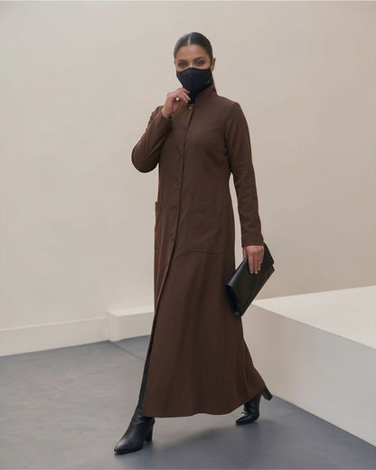 Latest Coat Abaya with Soft Shoulder Pads and Mandarin Collar| Brown