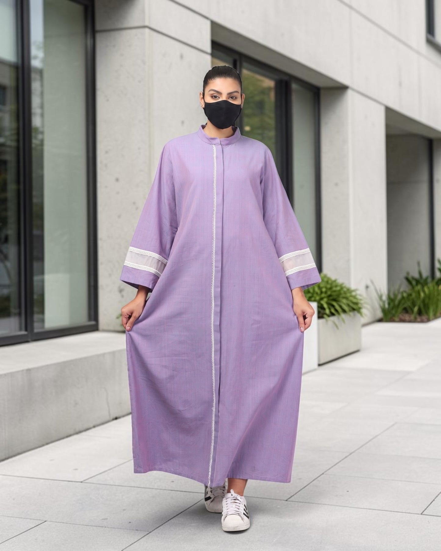 Front-Open Cotton Abaya Shirt with Mandarin Collar & Lacework