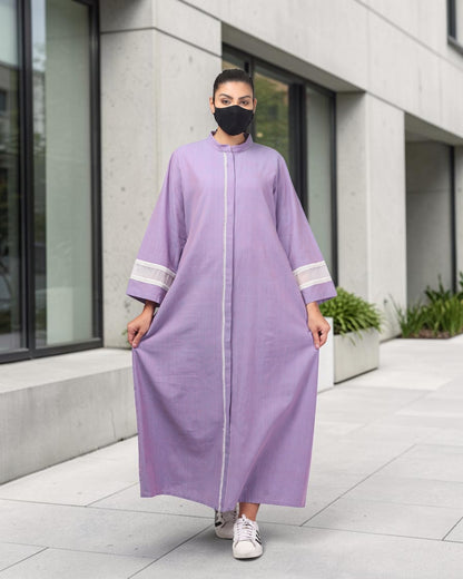 Front-Open Cotton Abaya Shirt with Mandarin Collar & Lacework