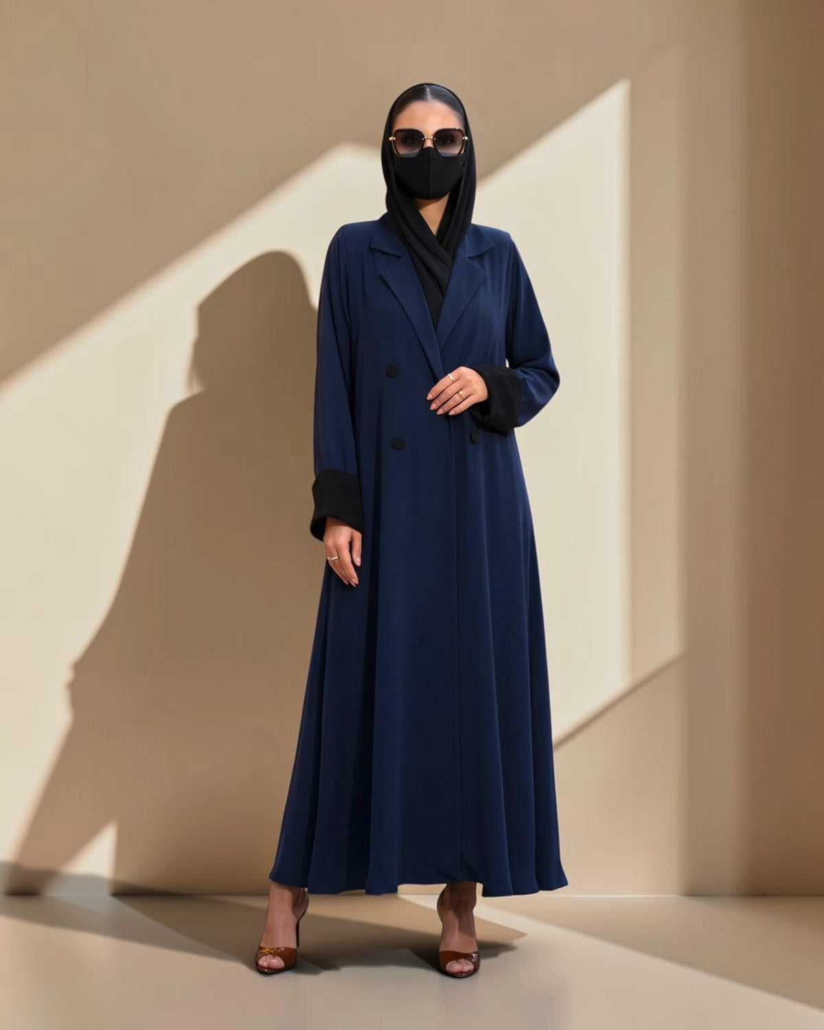 Navy Blue Double-Breasted Coat Style Abaya with Contrast Collar