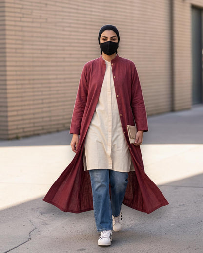 Rust Red Striped Cotton Front-Open Abaya Shirt with Mandarin Collar