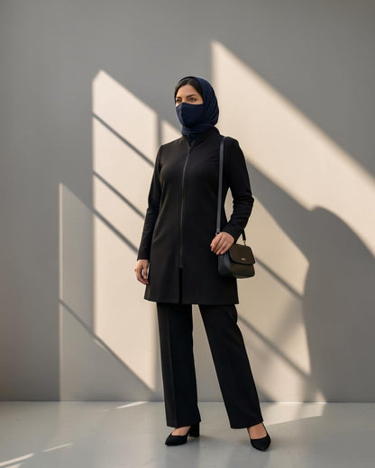 Black 2-Piece Modest Co-Ord Set with Zipper Top & Elasticated Trousers | Optional Hijab