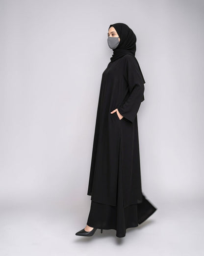 Three Pieces Abaya-like Co-ord Set with Long Tunic and Elasticated Bottom