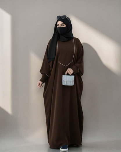Free Size Kaftan with White Piping, Zipper Opening & Cuffed Sleeves in Premium Fabric, Includes Hijab
