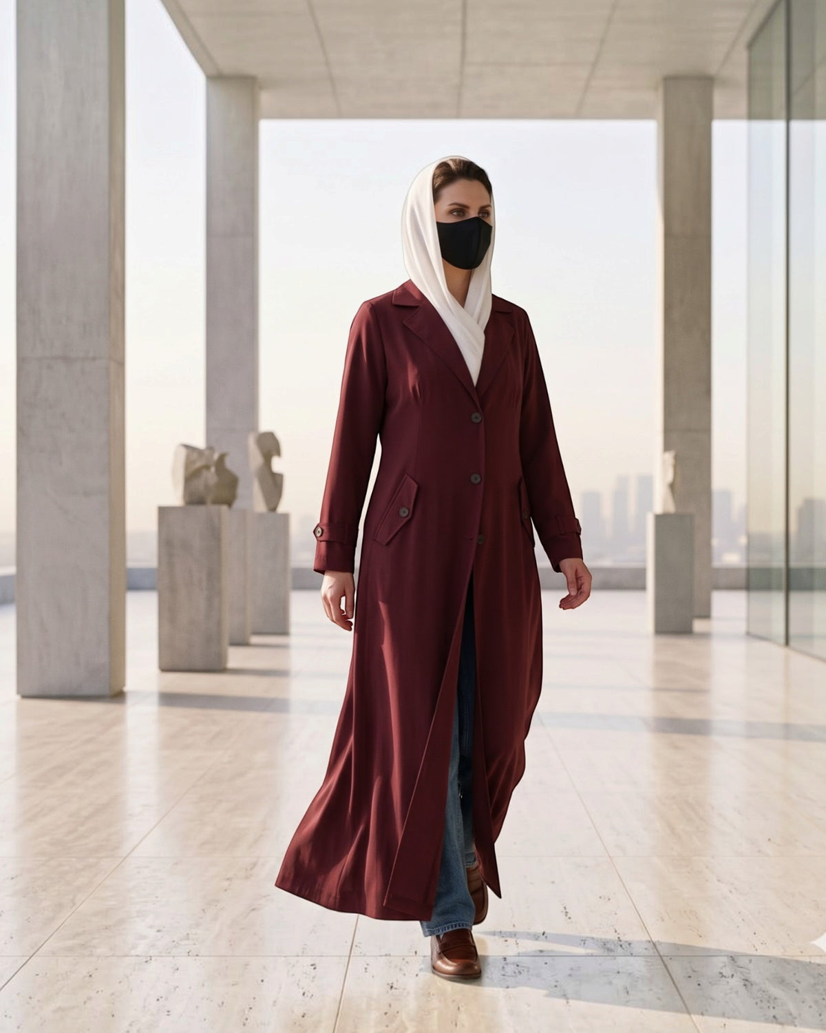 Executive Abaya Coat with Structured Shoulders (Maroon)