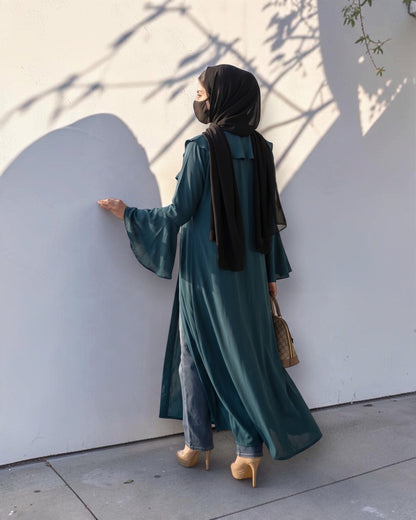 Designer Long Abaya Shrug with Cascading Yoke Detail