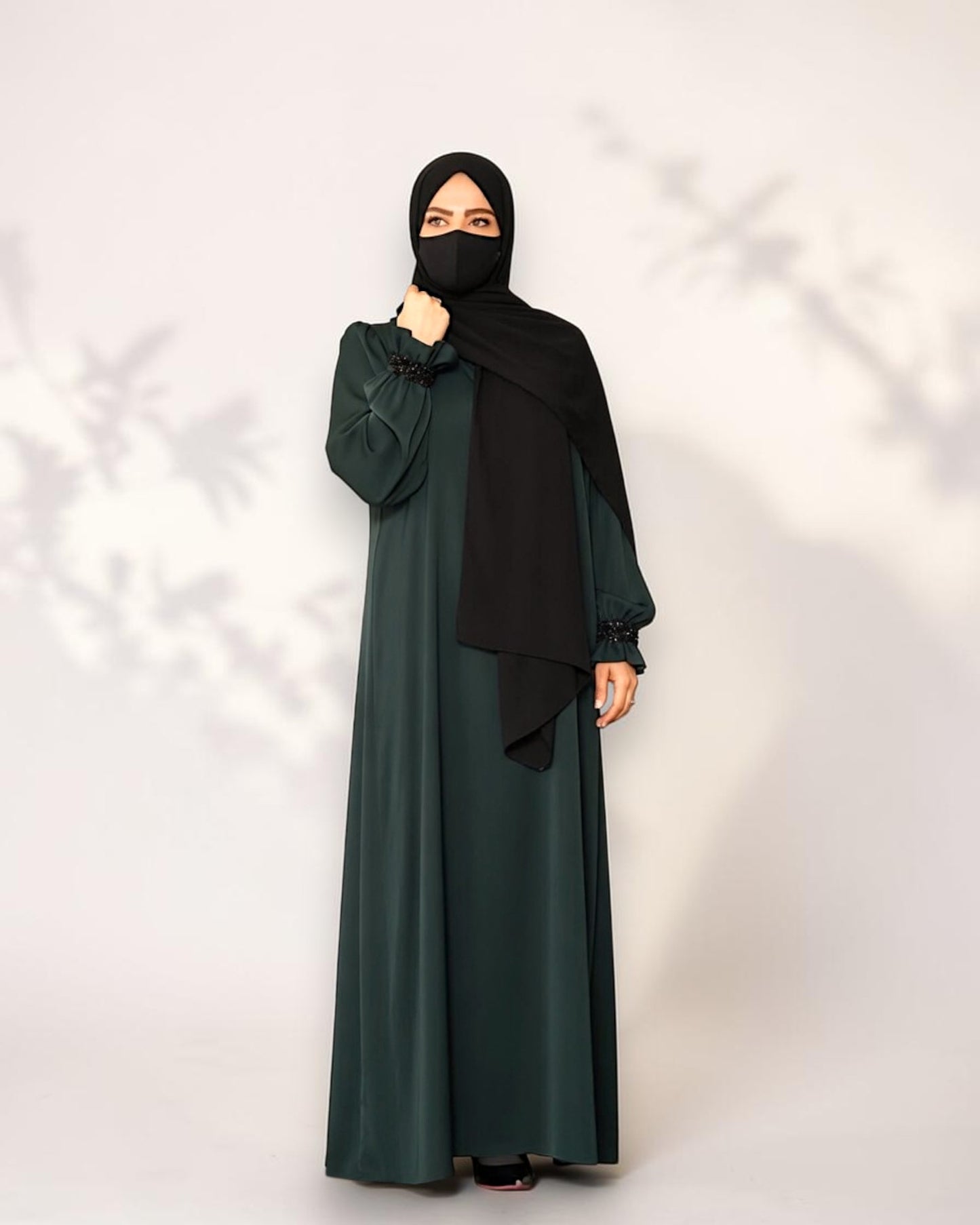 Mahram Dark Green Praada Fancy Abaya with Beaded Ruffled Sleeves and Pockets