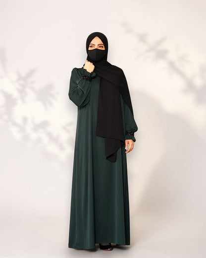 Mahram Dark Green Praada Fancy Abaya with Beaded Ruffled Sleeves and Pockets