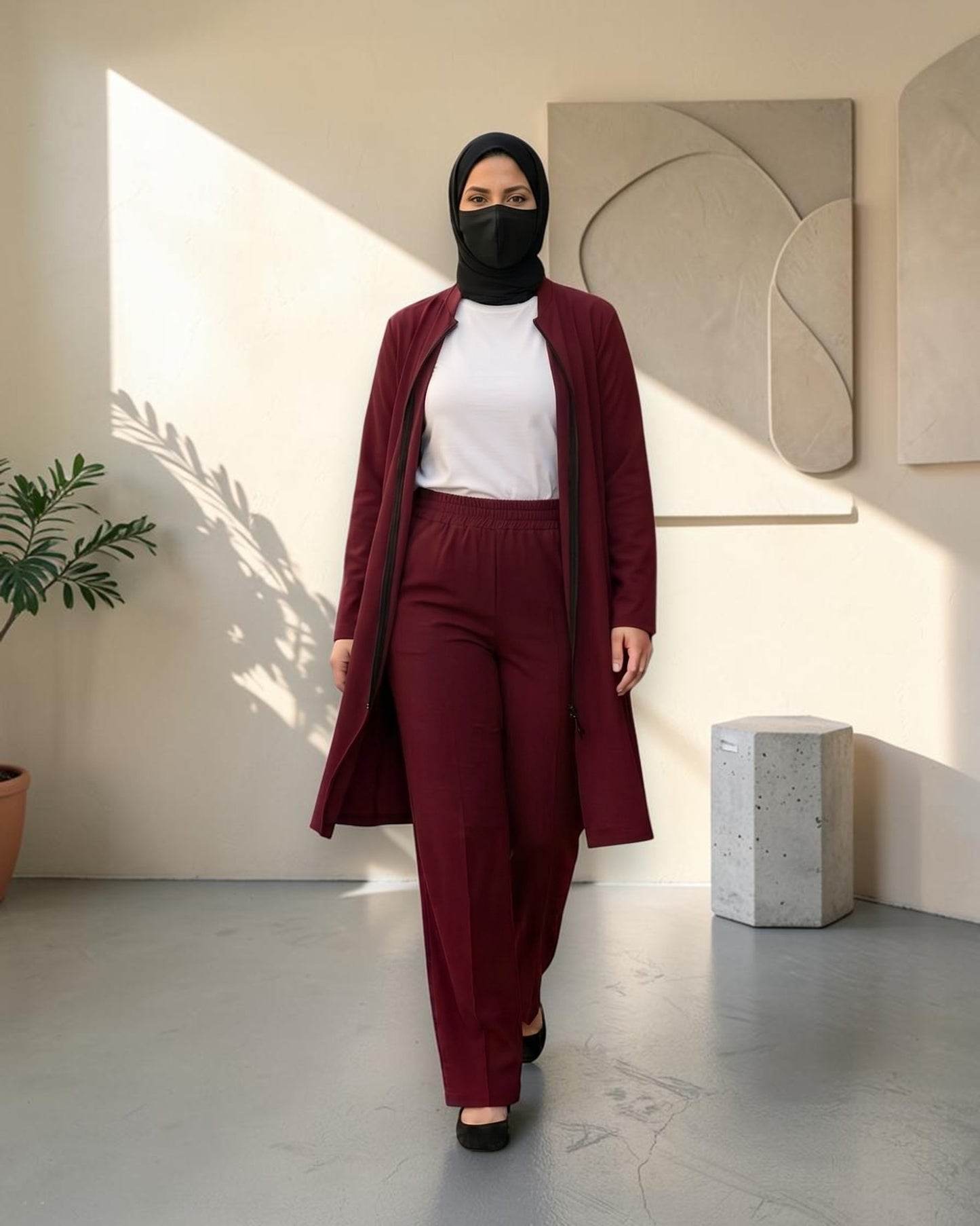 2-Piece Modest Co-Ord Set with Zipper Top & Elasticated Trousers | Optional Hijab | Maroon