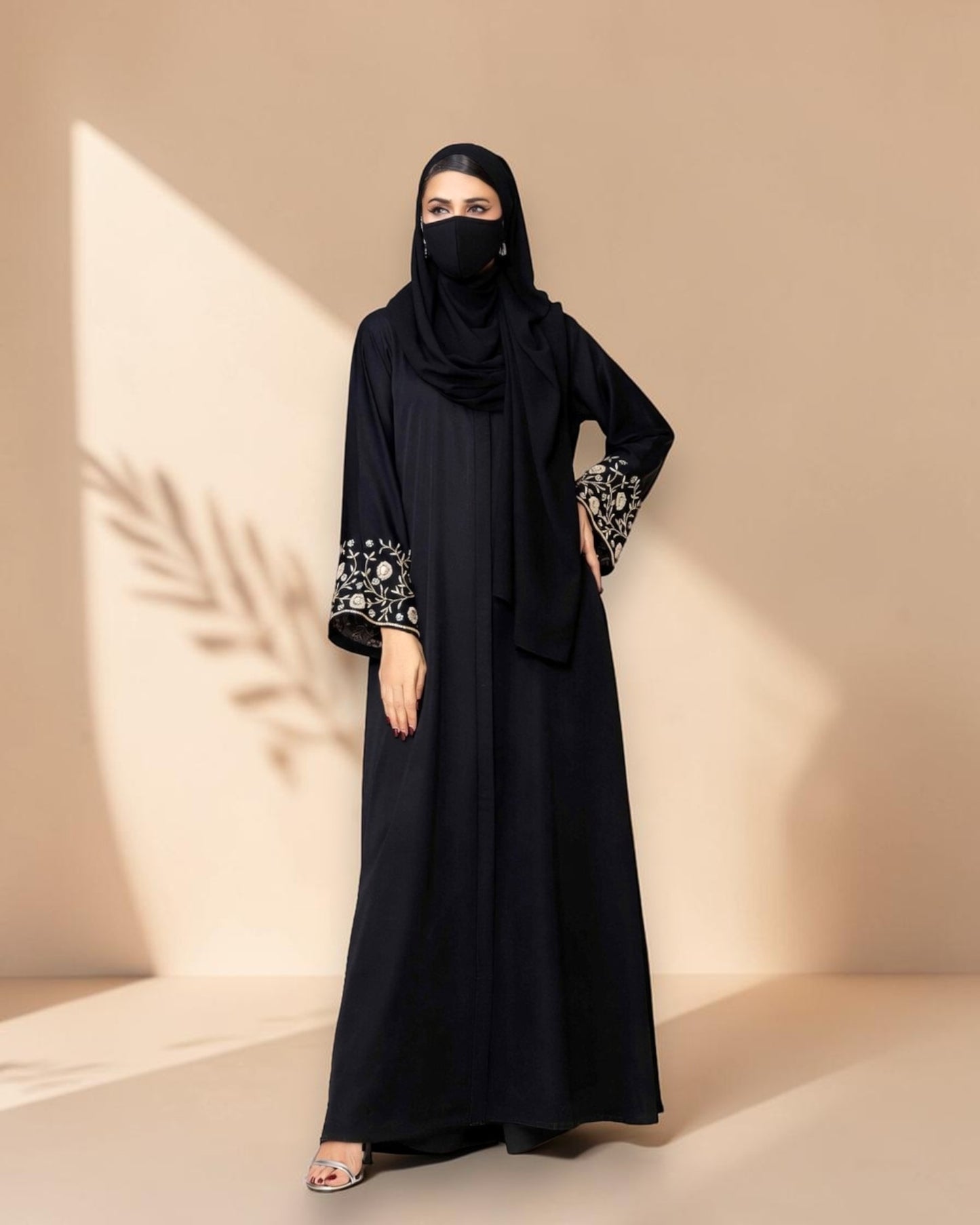 Black Praada Front-Open Mahram-Embroidered Burqa with Sleeve Embellishments