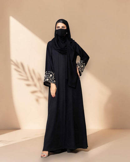 Black Praada Front-Open Mahram-Embroidered Burqa with Sleeve Embellishments