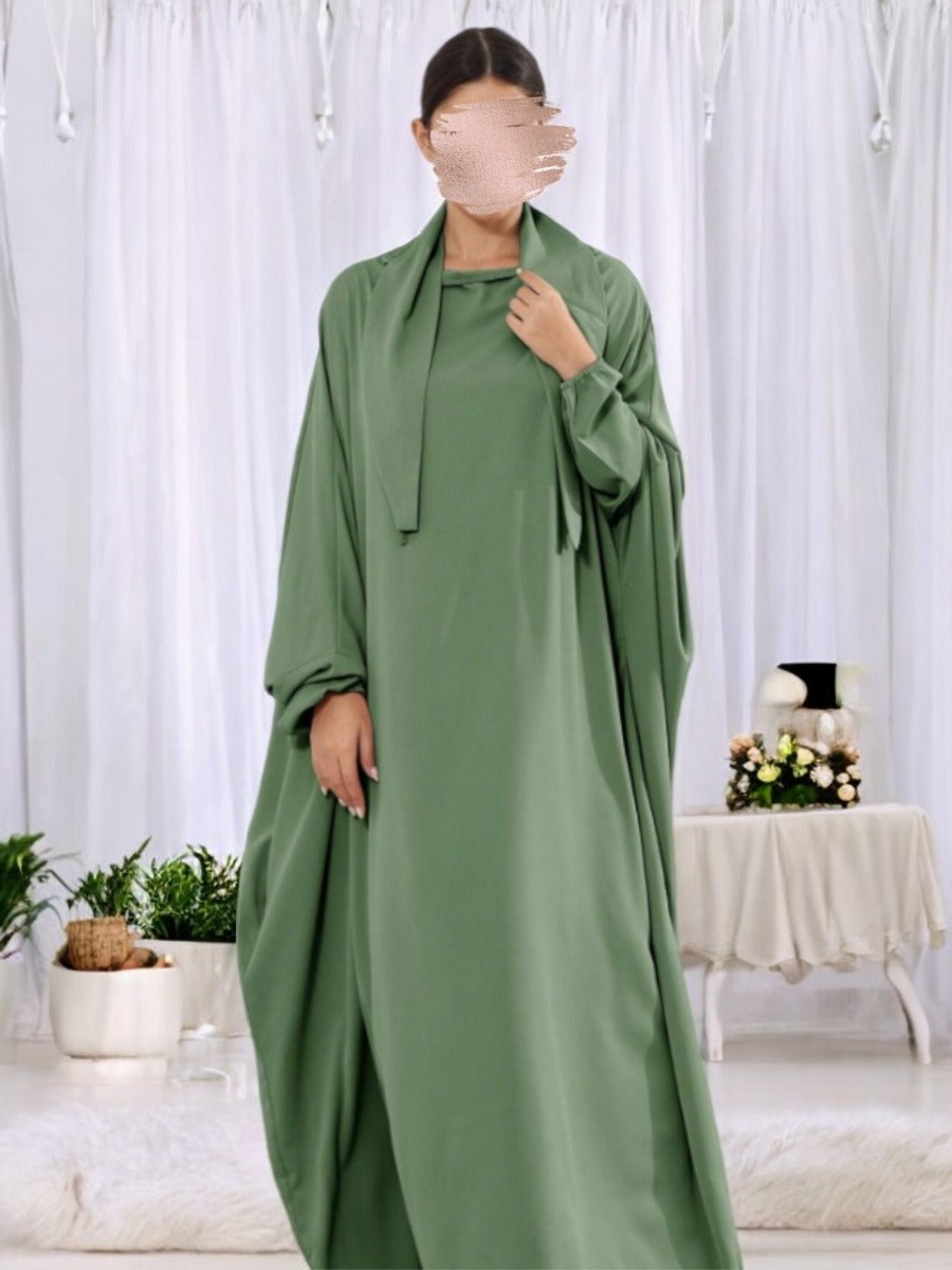 Designer Kaftan Abaya in Luxurious Firdaus Fabric with Elasticated Sleeves and Attached Scarf