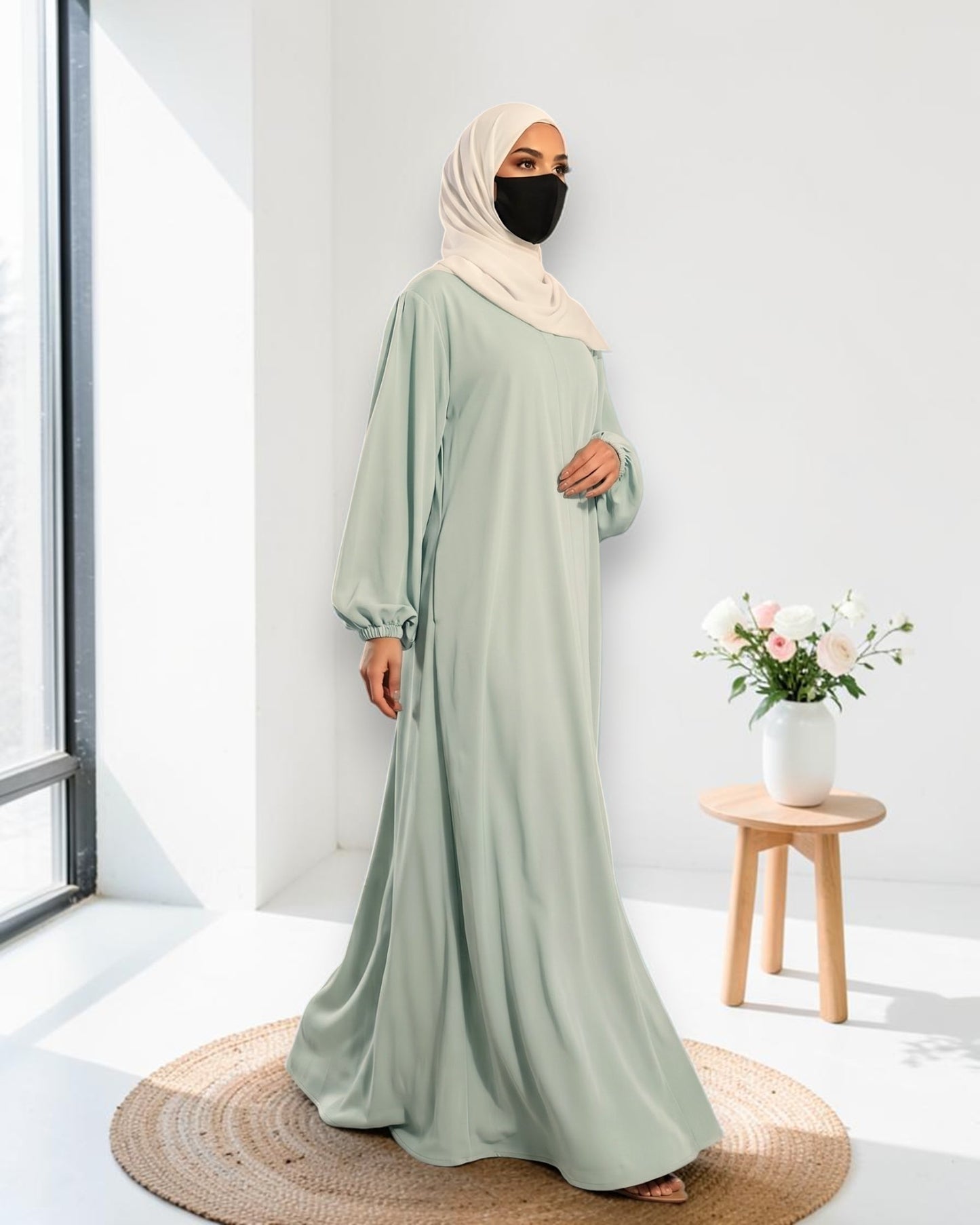 Designer Mahram-Abaya with Concealed Zipper and Inward Pleats-Dull Sky Blue