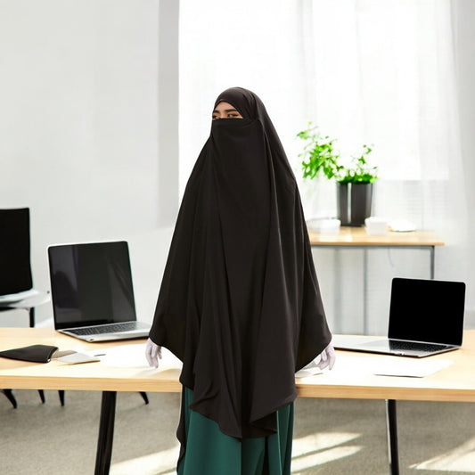 Bashariya Black Color Long Prayer Khimar Hijab with Attached Mouthpiece|Short Jilbab