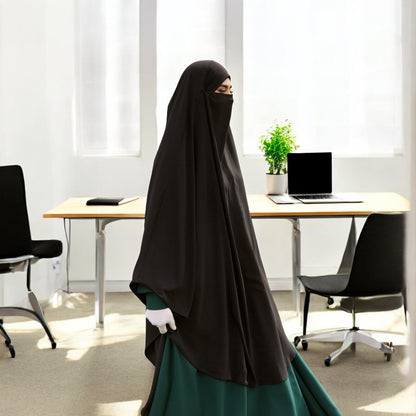 Bashariya Black Color Long Prayer Khimar Hijab with Attached Mouthpiece|Short Jilbab | Ready-to-Wear with Tie-Back Design in Firdaus Fabric