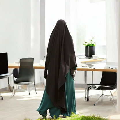 Bashariya Black Color Long Prayer Khimar Hijab with Attached Mouthpiece|Short Jilbab | Ready-to-Wear with Tie-Back Design in Firdaus Fabric