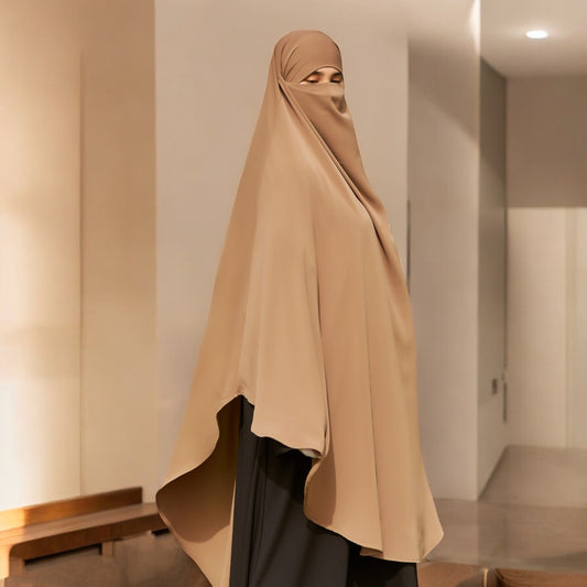 Bashariya Sand Color Long Prayer Khimar Hijab with Attached Mouthpiece|Short Jilbab | Ready-to-Wear with Tie-Back Design in Firdaus Fabric