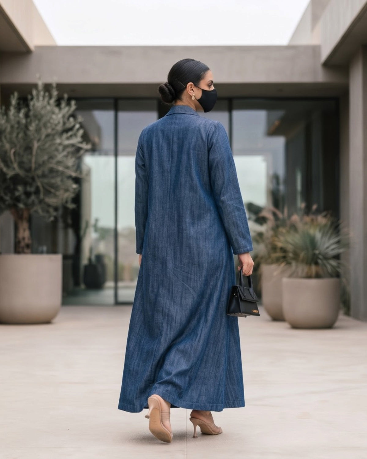 Tailored Denim Coat Abaya with Blazer Collar