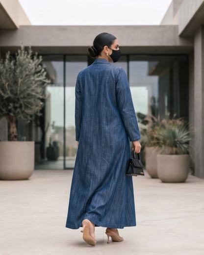 Tailored Denim Coat Abaya with Blazer Collar