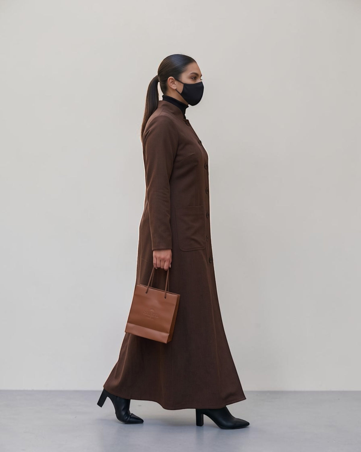 Latest Coat Abaya with Soft Shoulder Pads and Mandarin Collar| Brown