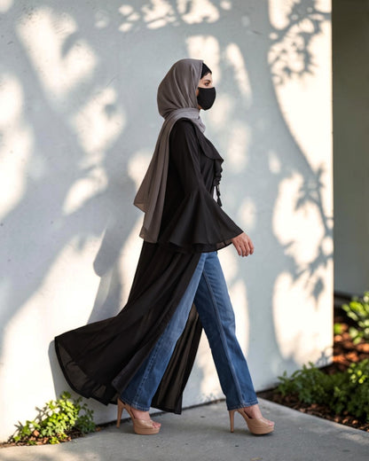 Designer Abaya Fit Shrug with Ruffle Yoke & Bell Sleeves