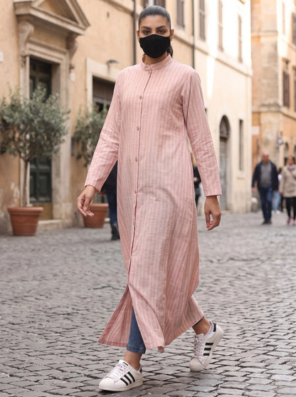 Blush Pink Striped Cotton Front-Open Abaya Shirt with Mandarin Collar