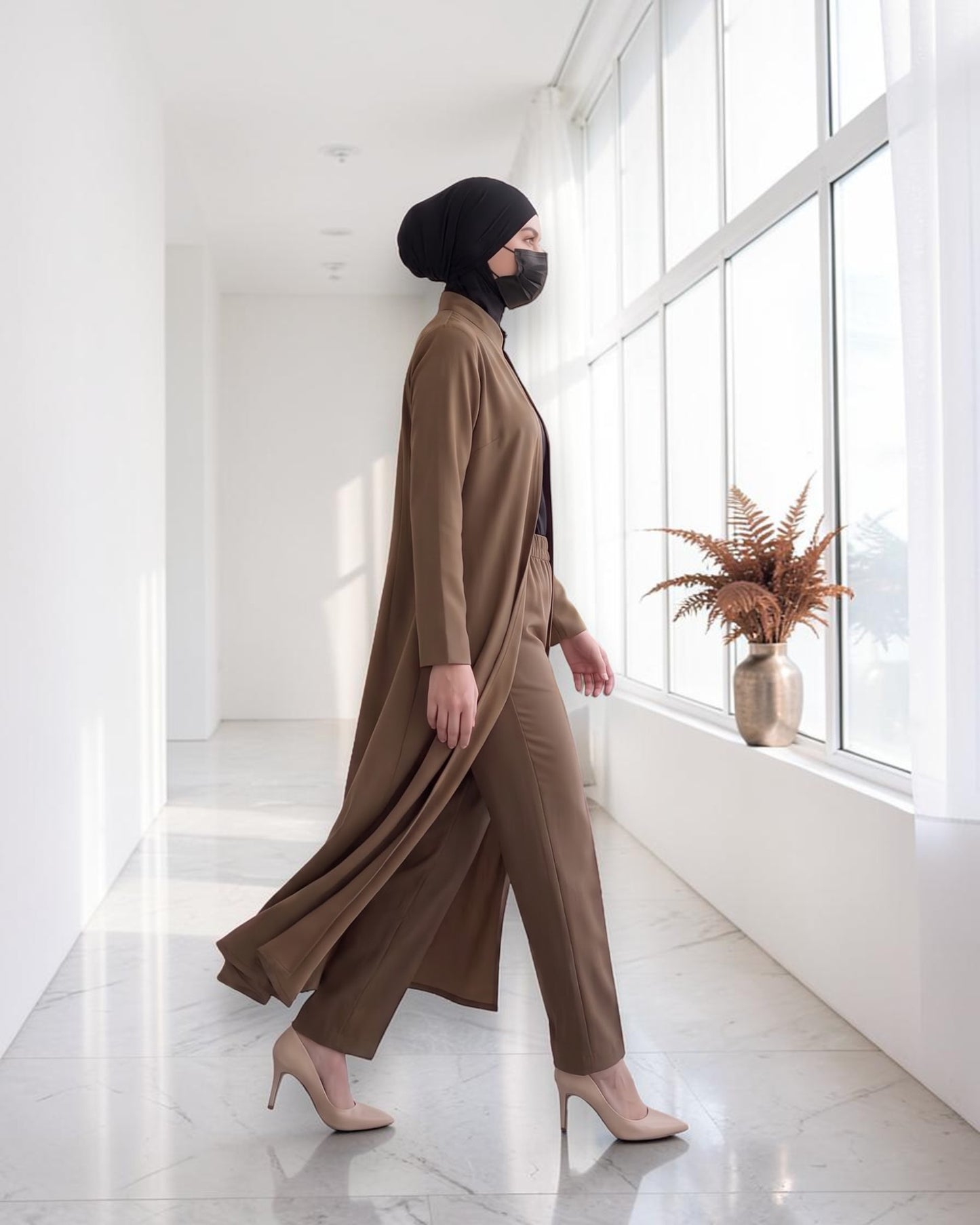 Modest Workwear Long Top with Hijab | Optional Pant |Taupe