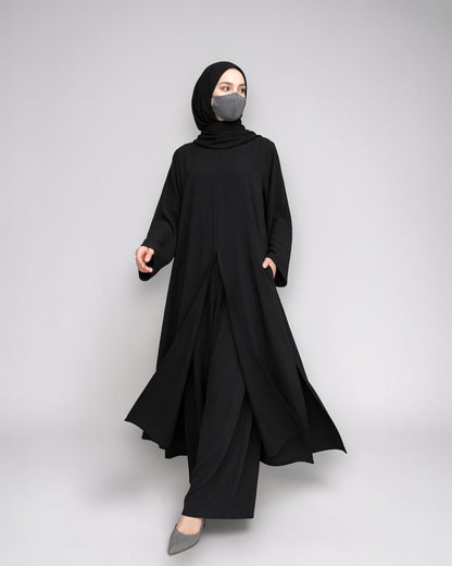 Three Pieces Abaya-like Co-ord Set with Long Tunic and Elasticated Bottom