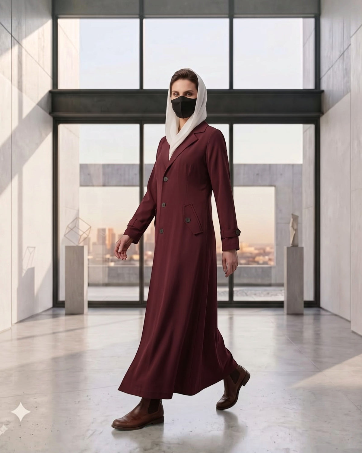 Executive Abaya Coat with Structured Shoulders (Maroon)