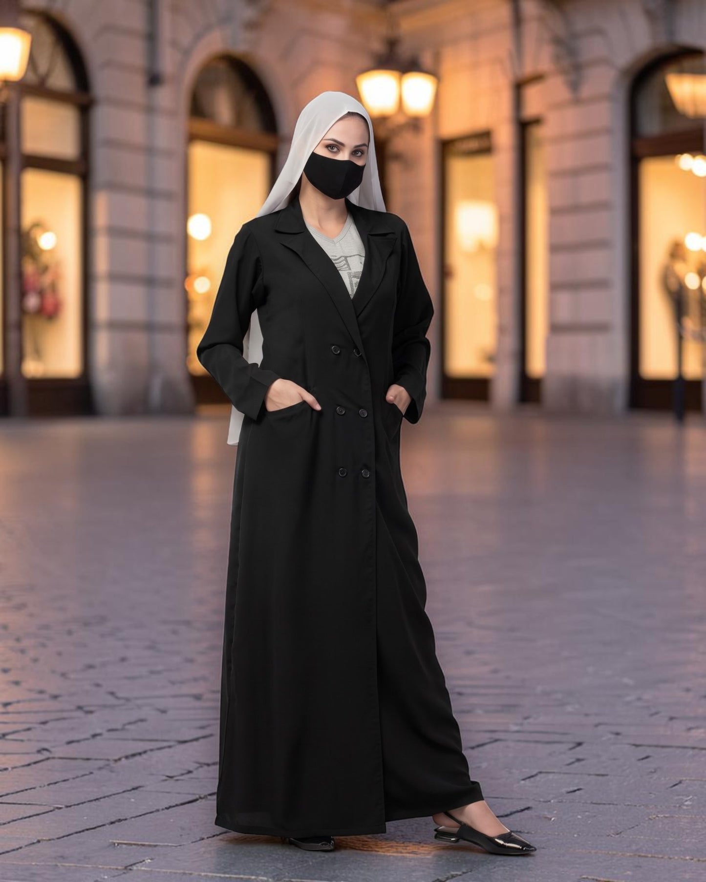 Double-Breasted Coat Abaya for Work with Free Hijab | Optional Inner | BLACK