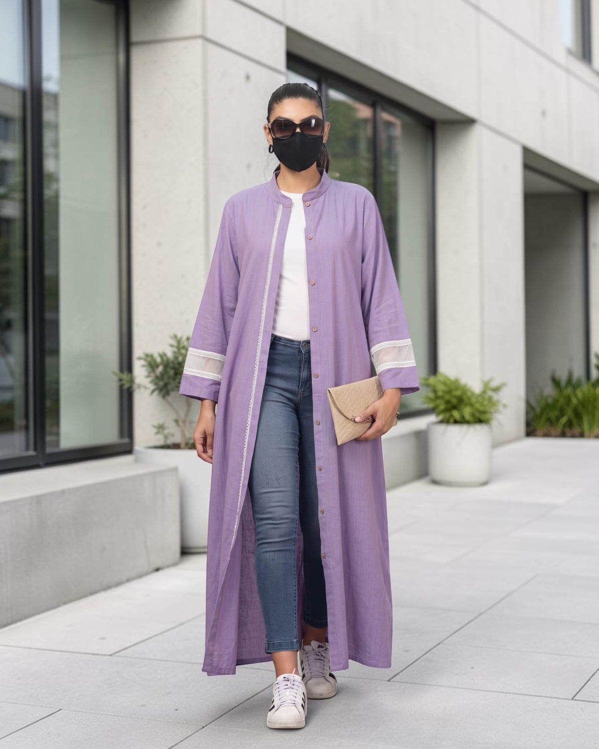 Front-Open Cotton Abaya Shirt with Mandarin Collar & Lacework
