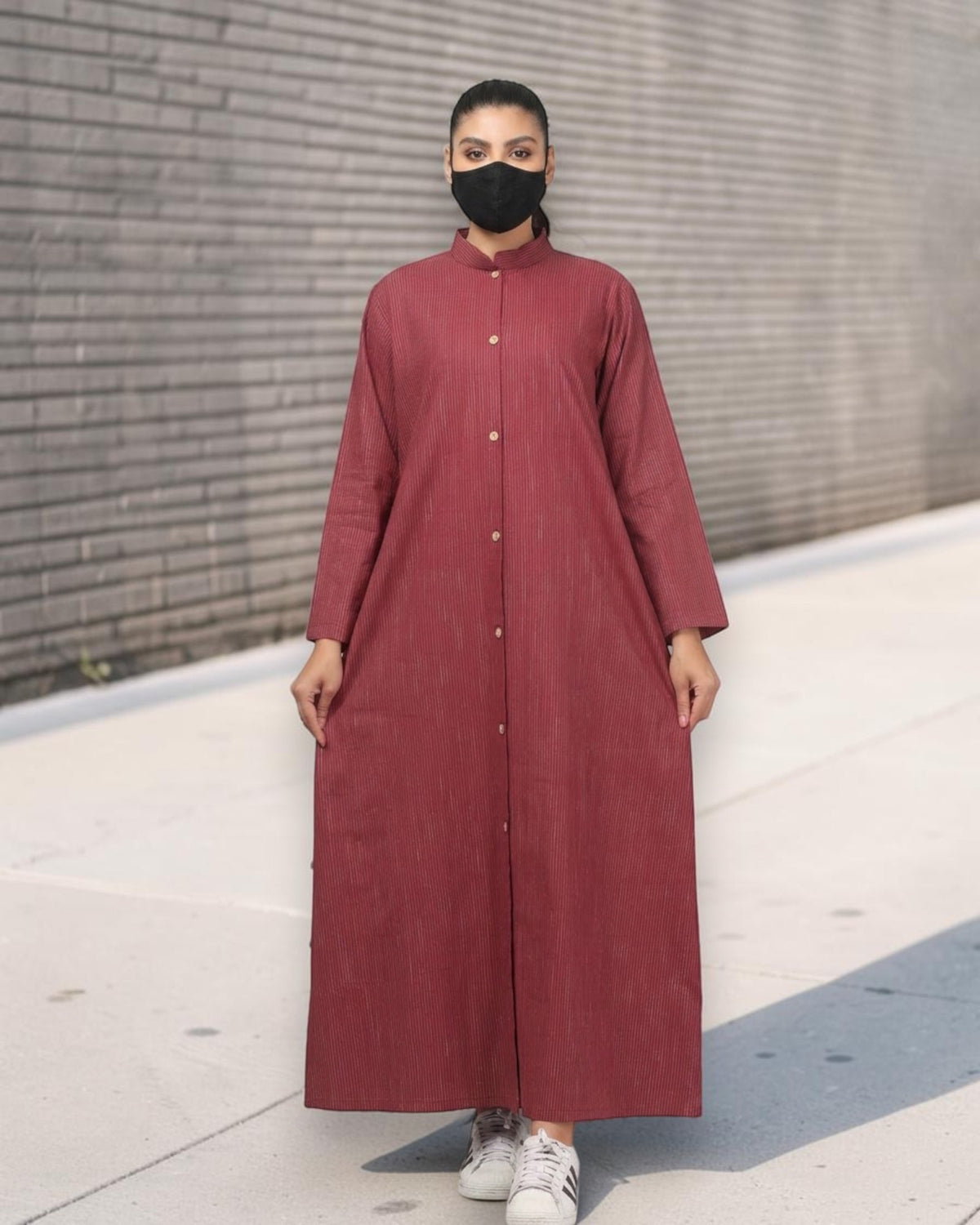 Rust Red Striped Cotton Front-Open Abaya Shirt with Mandarin Collar