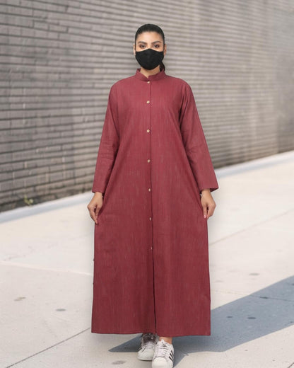 Rust Red Striped Cotton Front-Open Abaya Shirt with Mandarin Collar