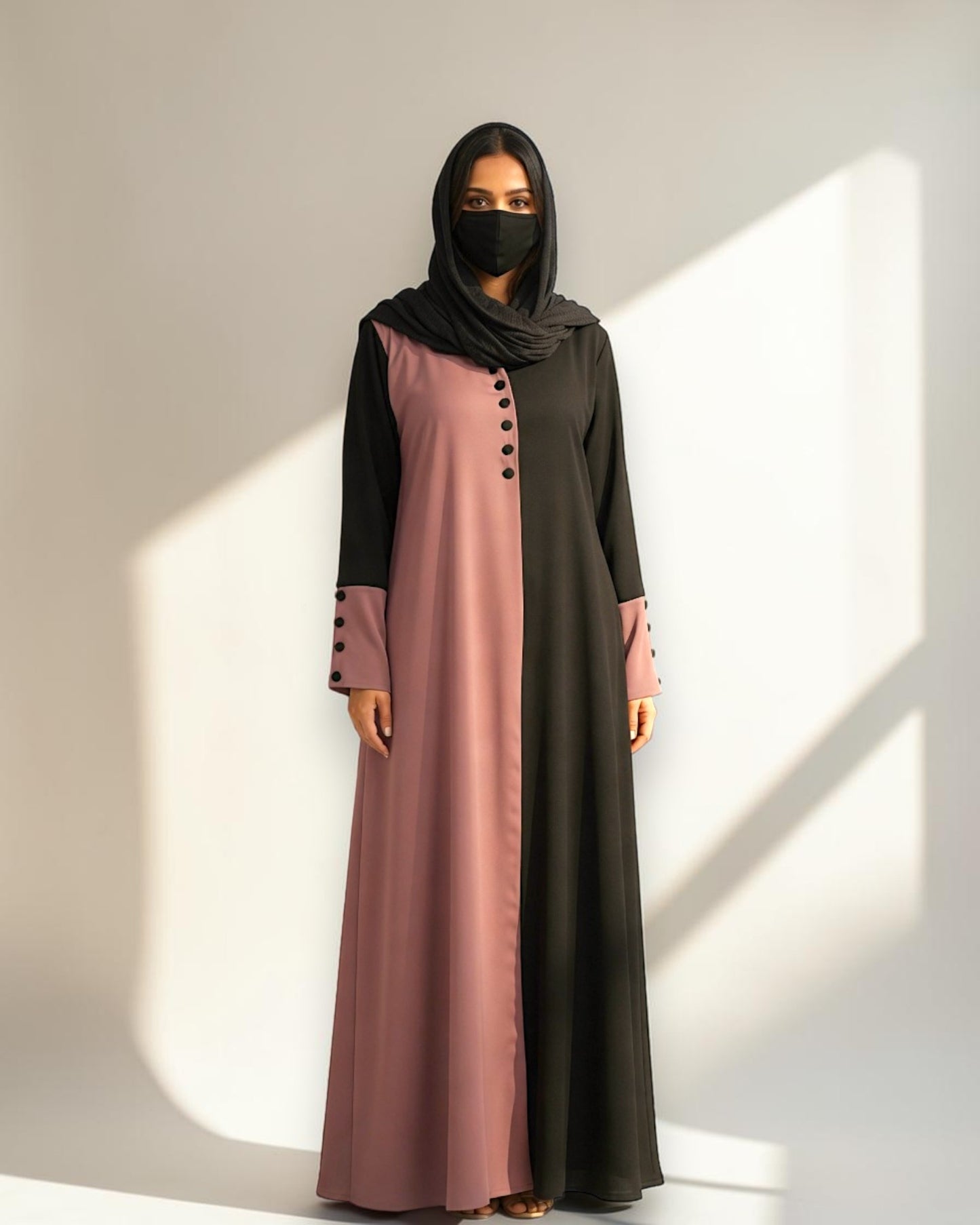 Color-Blocked V-Neck Praada Abaya with Fabric Buttons & Side Pockets