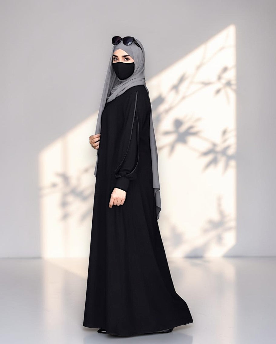 Designer Black Closed Abaya with Sleeve Piping and Pockets