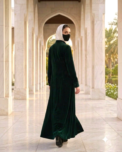 Regal Button-Front Velvet Abaya with Side Pockets