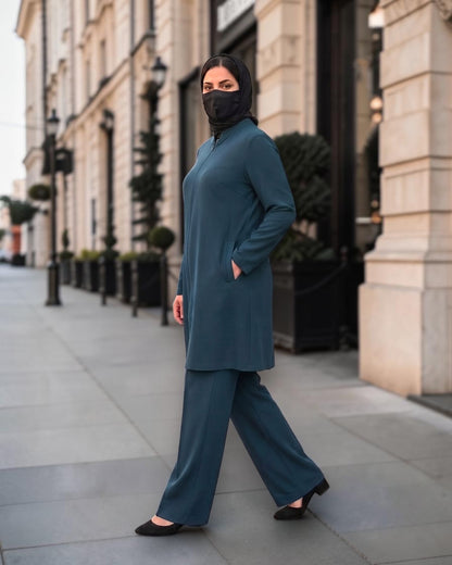Dark Teal 2-Piece Modest Co-Ord Set with Zipper Top & Elasticated Trousers | Optional Hijab