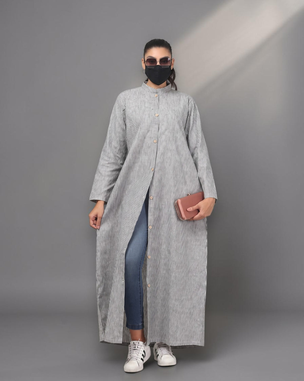 Grey Striped Cotton Front-Open Abaya Shirt with Mandarin Collar