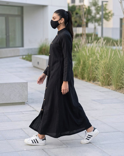 Solid Black Cotton Front-Open Abaya Shirt with Mandarin Collar