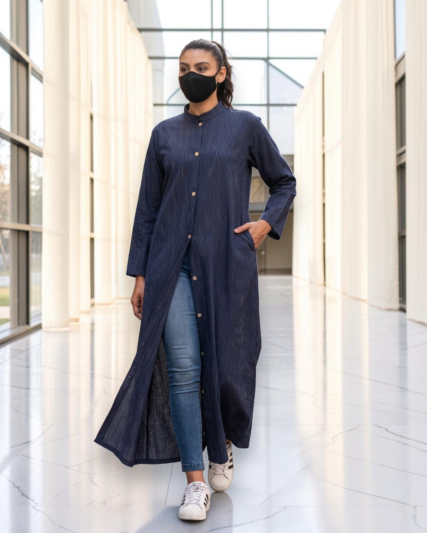 Front-Open Striped Cotton Abaya Shirt with Mandarin Collar