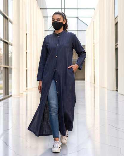 Front-Open Striped Cotton Abaya Shirt with Mandarin Collar