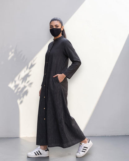 Black Striped Cotton Front-Open Abaya Shirt with Mandarin Collar