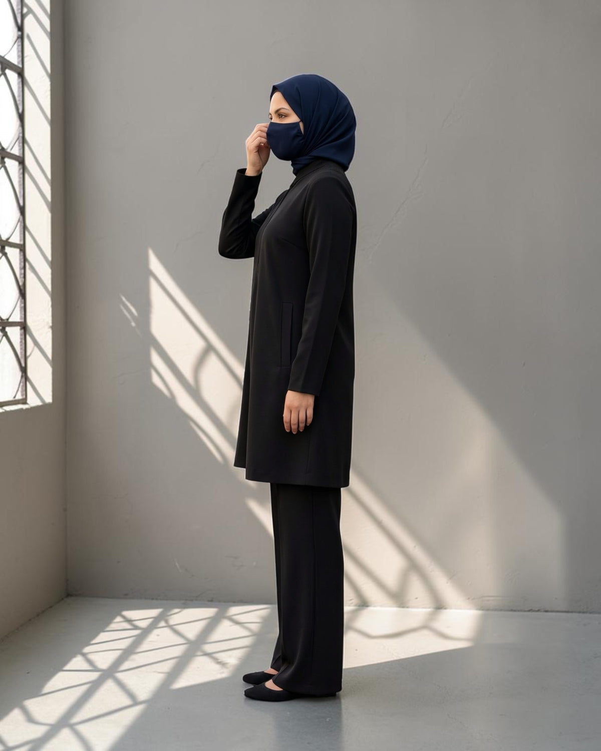 Black 2-Piece Modest Co-Ord Set with Zipper Top & Elasticated Trousers | Optional Hijab