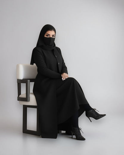 Mahram Black Flow Crepe Coat-Style Abaya without Lining