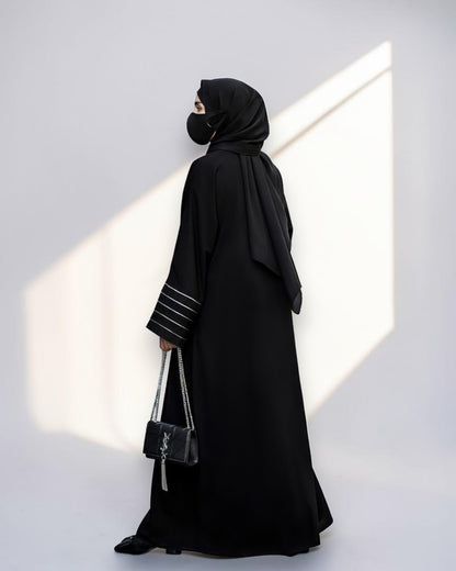 Designer Black Front-Open Abaya with Contrast Piping and Pockets