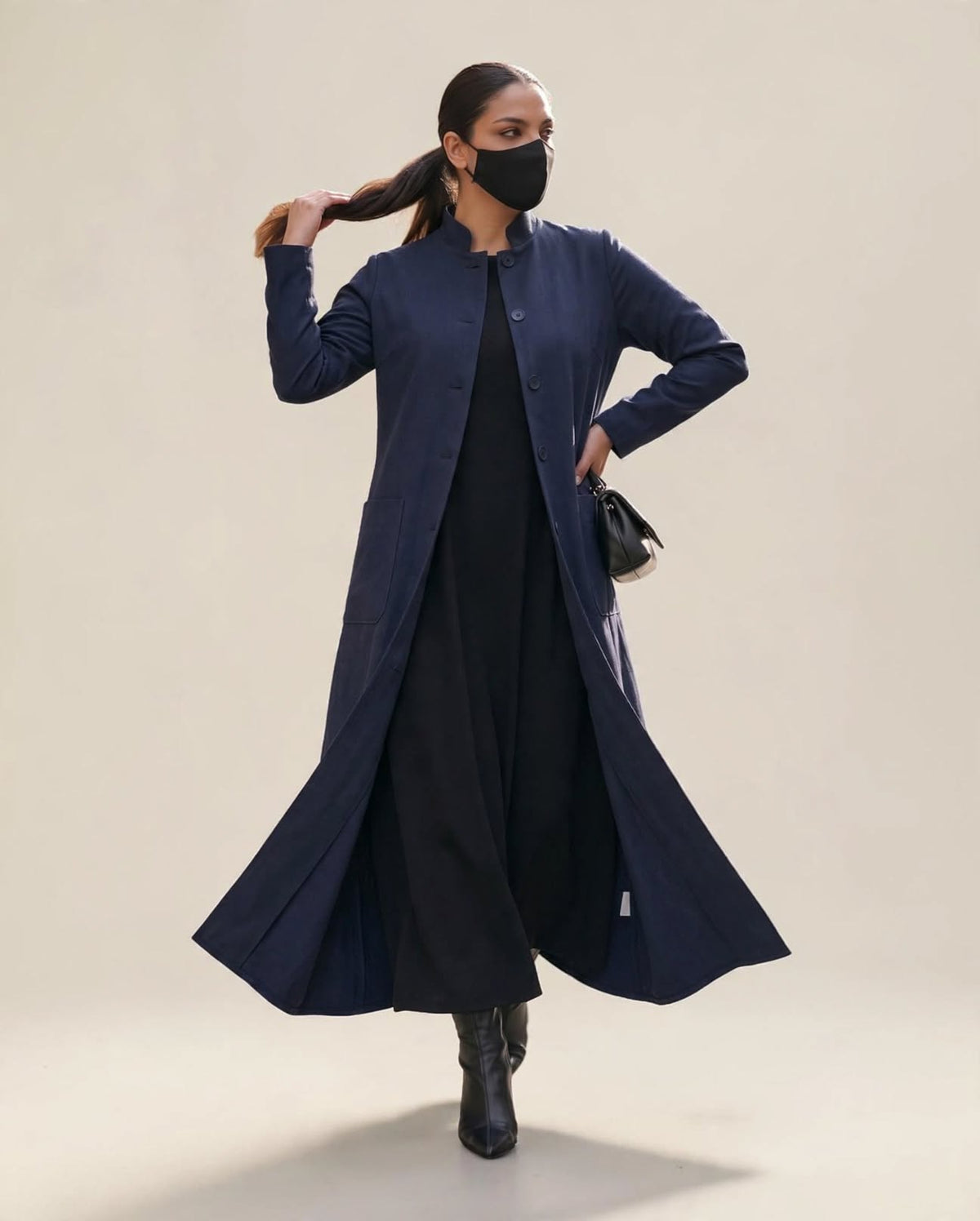 Latest Coat Abaya with Soft Shoulder Pads and Mandarin Collar| Navy Blue