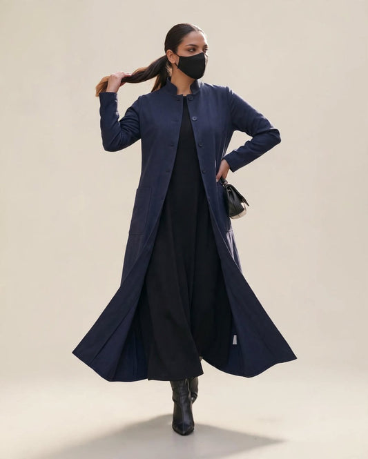 Latest Coat Abaya with Soft Shoulder Pads and Mandarin Collar| Navy Blue