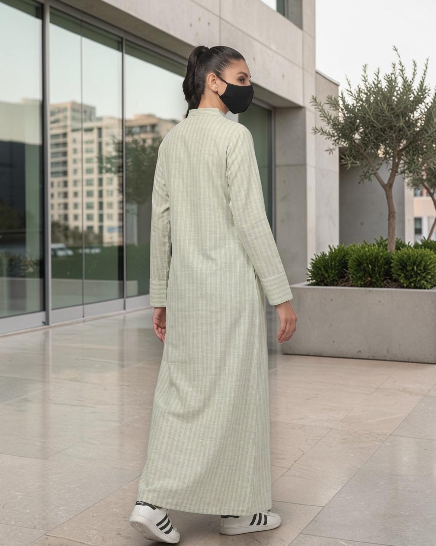 Mint Green Striped Cotton Front-Open Abaya Shirt with Mandarin Collar